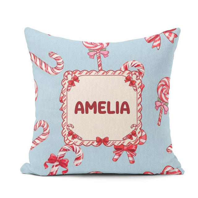 Custom Name Candy Cane Bows Light Blue Background Seamless Name Square Filled Cushion Throw Pillow Sofa Bed Home Decor Zip Washable UK Made