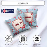 Custom Name Candy Cane Bows Light Blue Background Seamless Name Square Filled Cushion Throw Pillow Sofa Bed Home Decor Zip Washable UK Made
