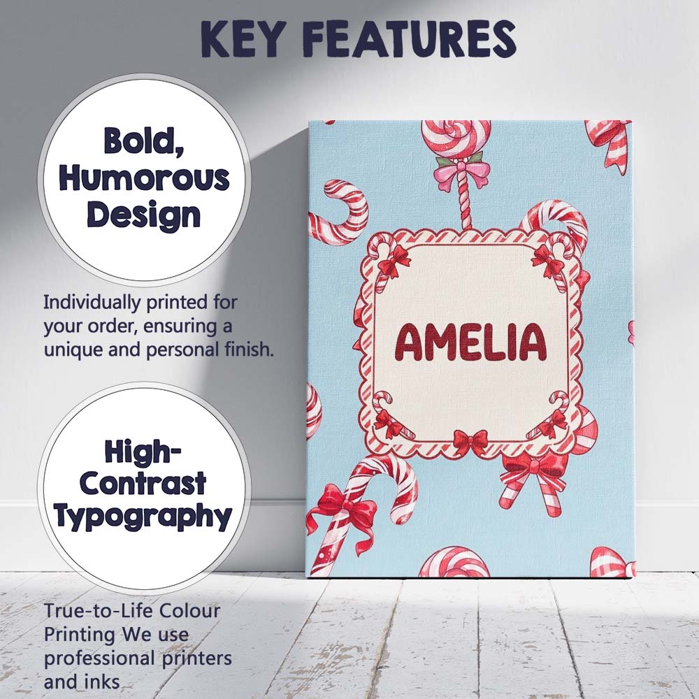 Personalised Name Cute Candy Cane Bows Custom  Modern Room Accent Elegant Feature Canvas Wall Art Print Decor Picture Ready to Hang