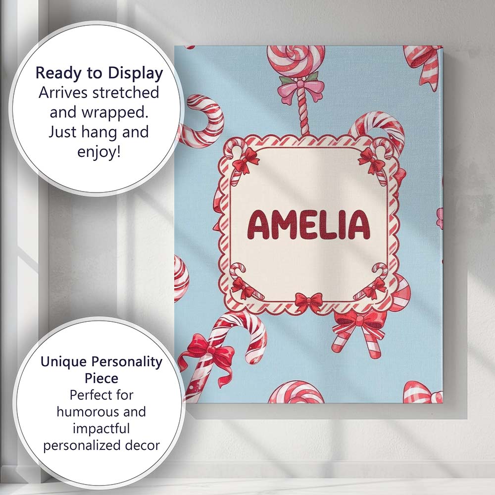 Personalised Name Cute Candy Cane Bows Custom  Modern Room Accent Elegant Feature Canvas Wall Art Print Decor Picture Ready to Hang