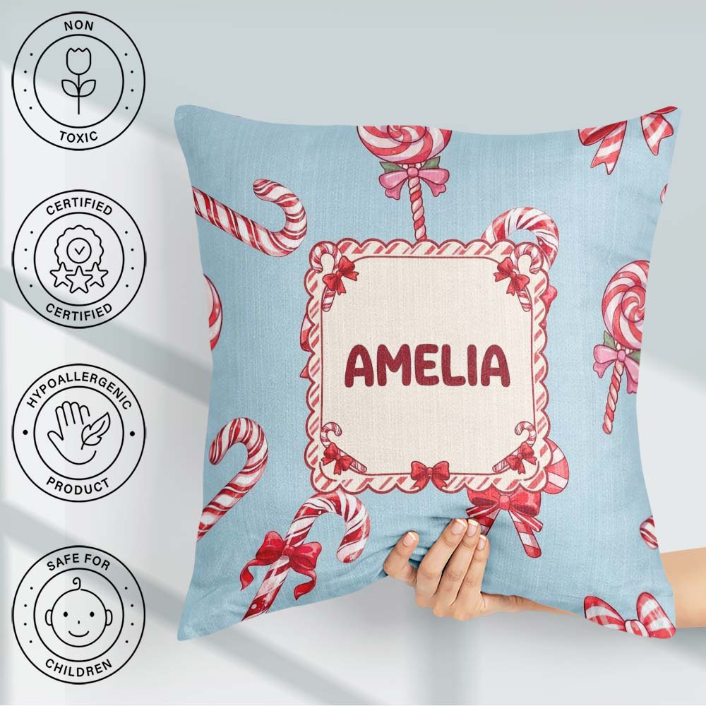 Custom Name Candy Cane Bows Light Blue Background Seamless Name Square Filled Cushion Throw Pillow Sofa Bed Home Decor Zip Washable UK Made