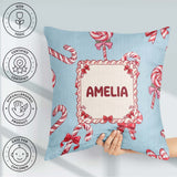 Custom Name Candy Cane Bows Light Blue Background Seamless Name Square Filled Cushion Throw Pillow Sofa Bed Home Decor Zip Washable UK Made