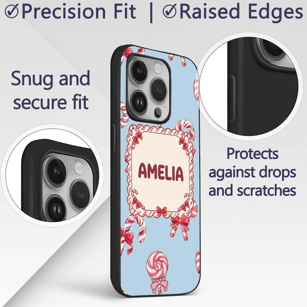 Cute Candy Cane Bows Light Blue Printed Design Custom Name Protective Phone Case Mobile Cover Durable Everyday Smartphone Shock Resistant