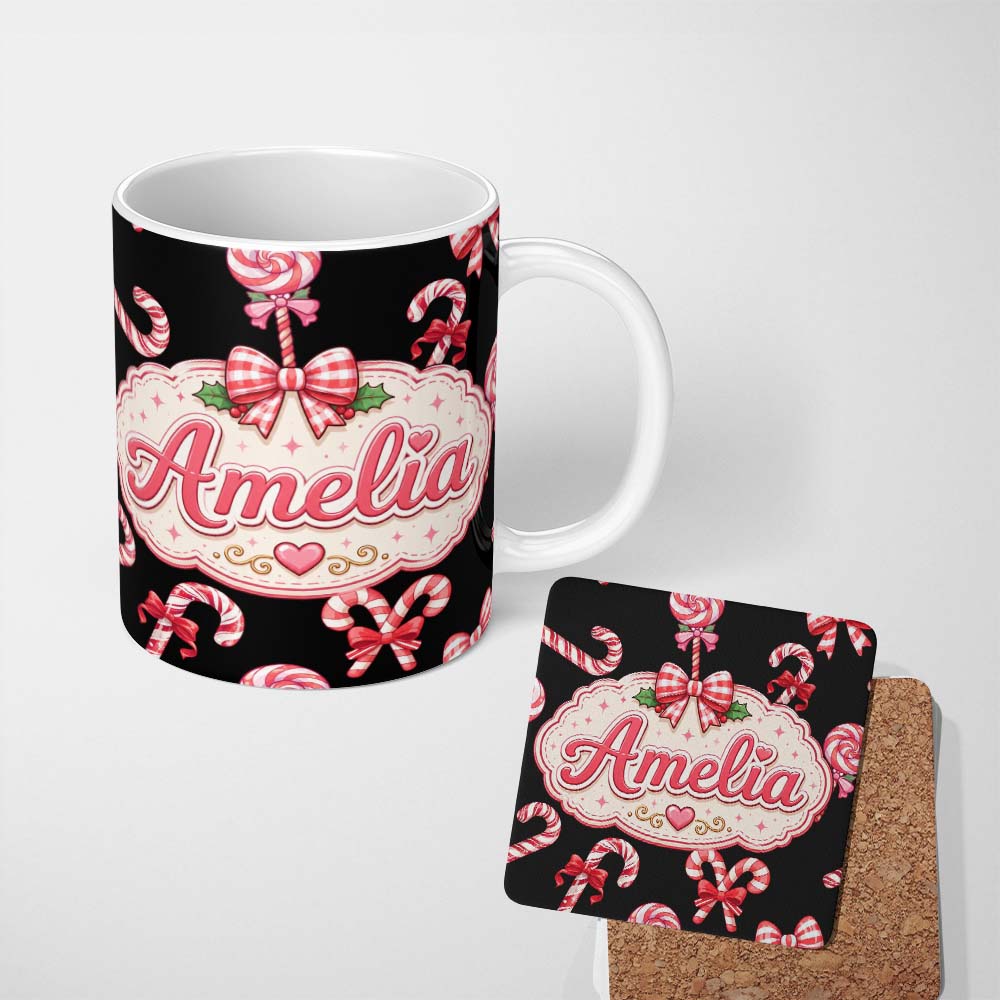 Personalized Custom Name Cute Candy Cane Bows Dark Black Background Seamless Pattern Name 11oz Ceramic Coffee Tea Mug White Large Handle