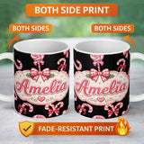 Personalized Custom Name Cute Candy Cane Bows Dark Black Background Seamless Pattern Name 11oz Ceramic Coffee Tea Mug White Large Handle