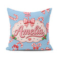 Custom Name Candy Cane Bows Light Blue Background Seamless Name Square Filled Cushion Throw Pillow Sofa Bed Home Decor Zip Washable UK Made