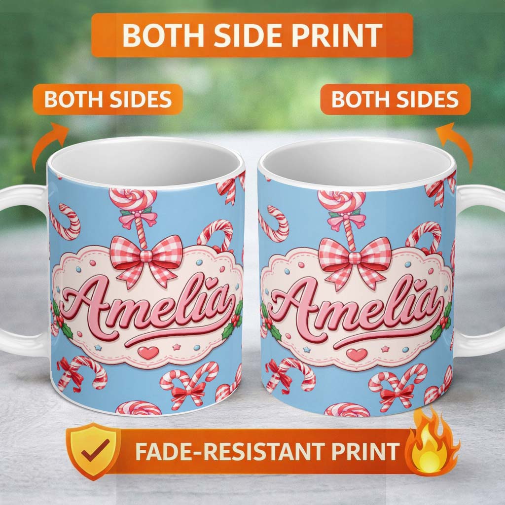 Personalized Custom Name Cute Candy Cane Bows Light Blue Background Seamless Pattern Name 11oz Ceramic Coffee Tea Mug White Large Handle