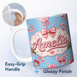 Personalized Custom Name Cute Candy Cane Bows Light Blue Background Seamless Pattern Name 11oz Ceramic Coffee Tea Mug White Large Handle
