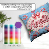 Custom Name Candy Cane Bows Light Blue Background Seamless Name Square Filled Cushion Throw Pillow Sofa Bed Home Decor Zip Washable UK Made