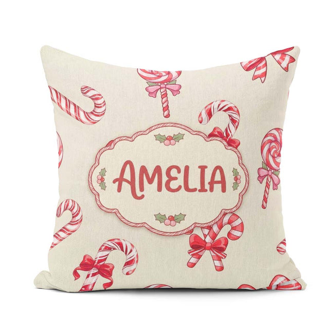 Custom Name Candy Cane Bows Soft Cream Background Seamless Name Square Filled Cushion Throw Pillow Sofa Bed Home Decor Zip Washable UK Made