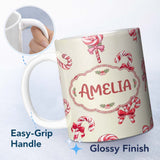 Personalized Custom Name Cute Candy Cane Bows Soft Cream Background Seamless Pattern Name 11oz Ceramic Coffee Tea Mug White Large Handle