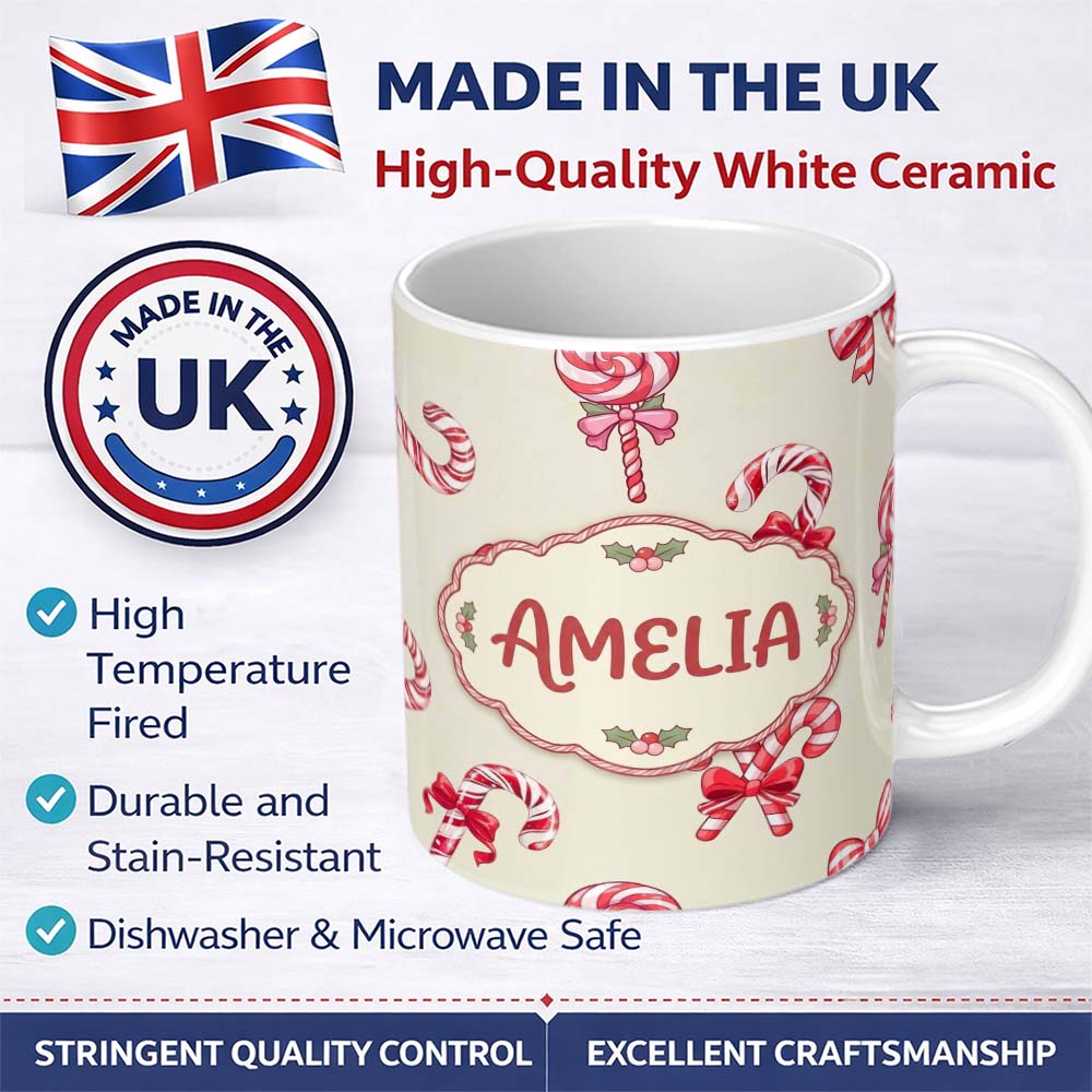 Personalized Custom Name Cute Candy Cane Bows Soft Cream Background Seamless Pattern Name 11oz Ceramic Coffee Tea Mug White Large Handle
