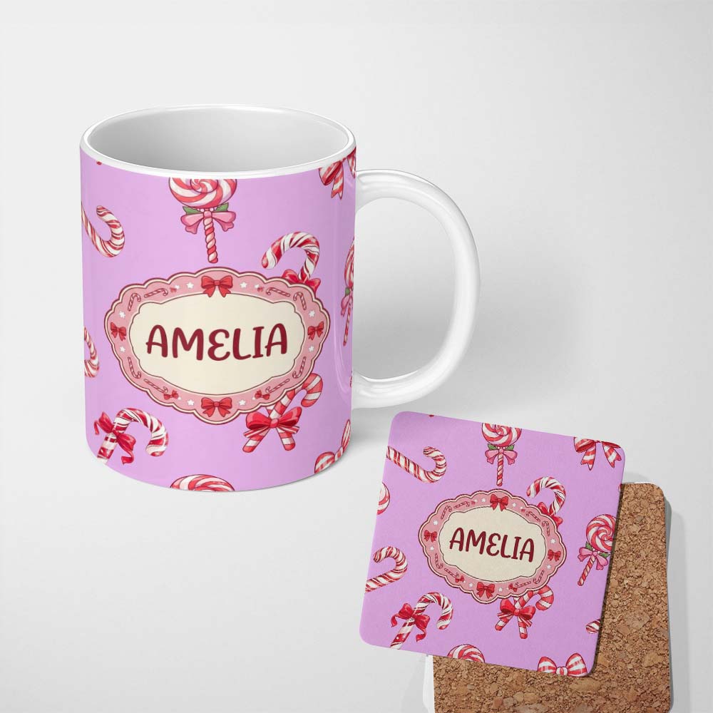 Personalized Custom Name Cute Candy Cane Bows Pastel Purple Background Seamless Pattern 11oz Ceramic Coffee Tea Mug White Large Handle
