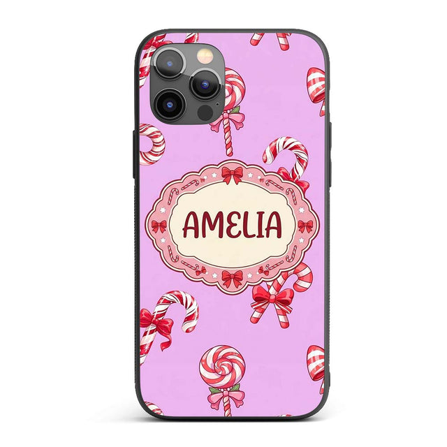 Cute Candy Cane Bows Pastel Purple Background Custom Name Protective Phone Case Mobile Cover Durable Everyday Smartphone Shock Resistant