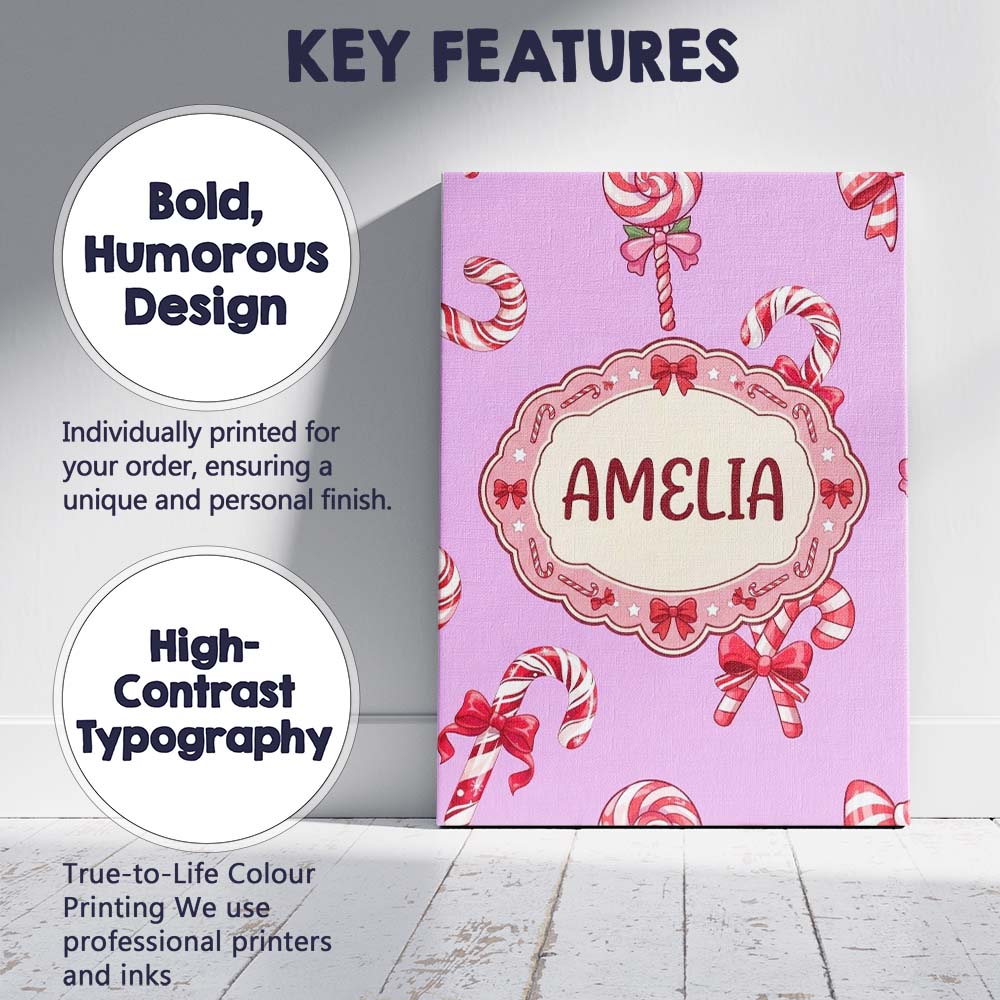 Personalised Name Cute Candy Cane Bows Custom  Modern Room Accent Elegant Feature Canvas Wall Art Print Decor Picture Ready to Hang