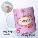 Personalized Custom Name Cute Candy Cane Bows Pastel Purple Background Seamless Pattern 11oz Ceramic Coffee Tea Mug White Large Handle