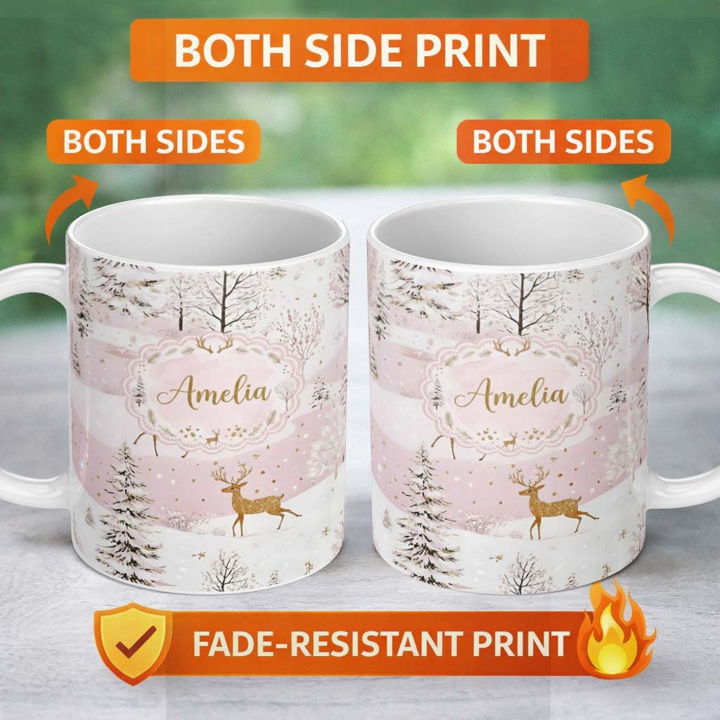 Personalized Custom Name Winter Deer Snow Forest Pink Landscape Seamless Pattern Lovely 11oz Ceramic Coffee Tea Mug White Large Handle
