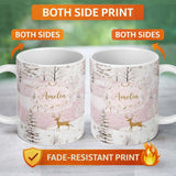 Personalized Custom Name Winter Deer Snow Forest Pink Landscape Seamless Pattern Lovely 11oz Ceramic Coffee Tea Mug White Large Handle