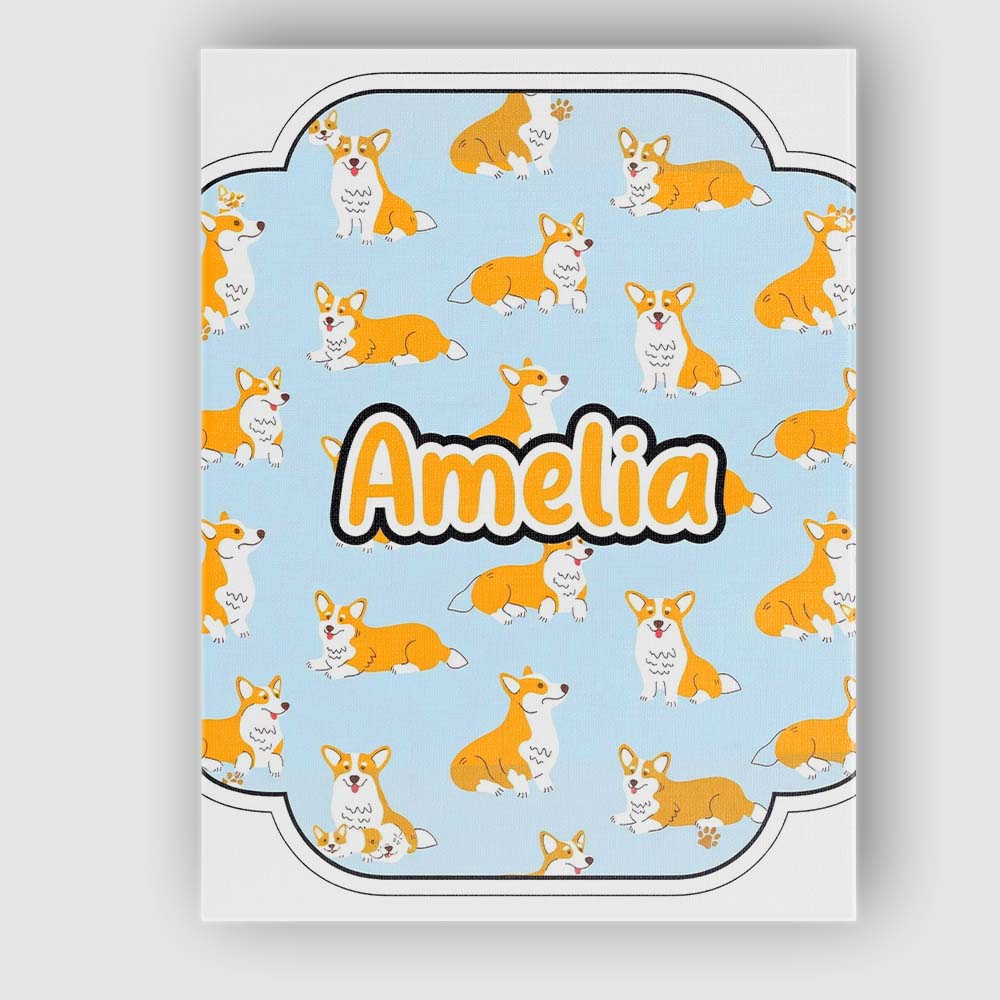 Personalised Name Cute Corgi Dogs Blue Background Playful Seamless Custom  Unique Canvas Wall Art Print Decor Picture Ready to Hang