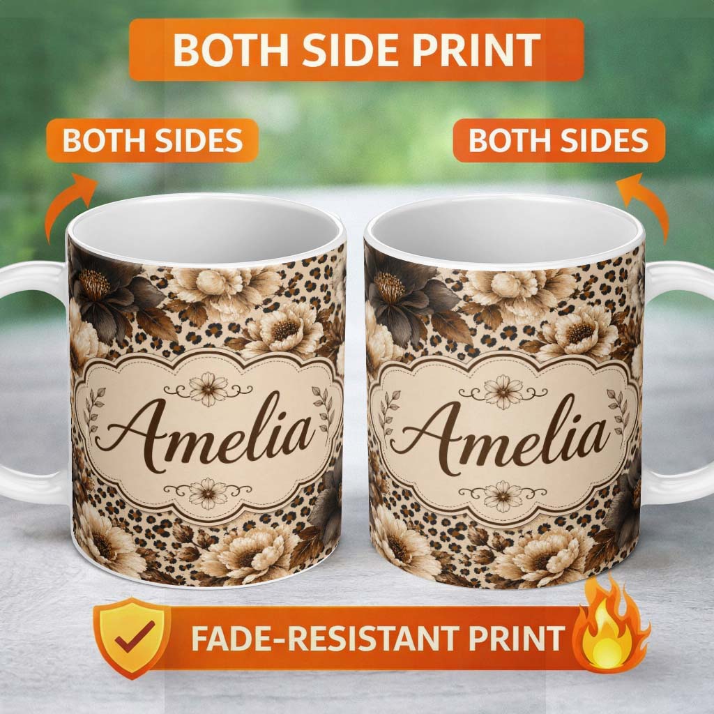 Personalized Custom Name Neutral Floral with Large Vintage Flowers,Leopard Print in Beige 11oz Ceramic Coffee Tea Mug White Large Handle