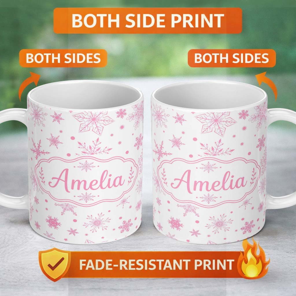 Personalized Custom Name Elegant Pink Snowflakes White Background Seamless Pattern Lovely 11oz Ceramic Coffee Tea Mug White Large Handle