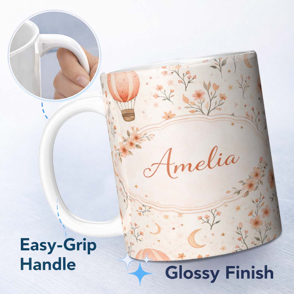 Personalized Custom Name Watercolor Hot Air Balloon Floral Botanical Seamless Pattern Lovely 11oz Ceramic Coffee Tea Mug White Large Handle