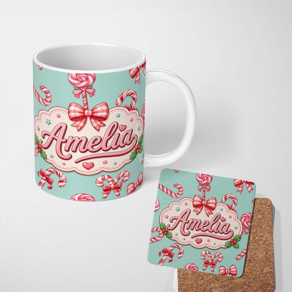 Personalized Custom Name Cute Candy Cane Bows Mint Green Background Seamless Pattern Name 11oz Ceramic Coffee Tea Mug White Large Handle