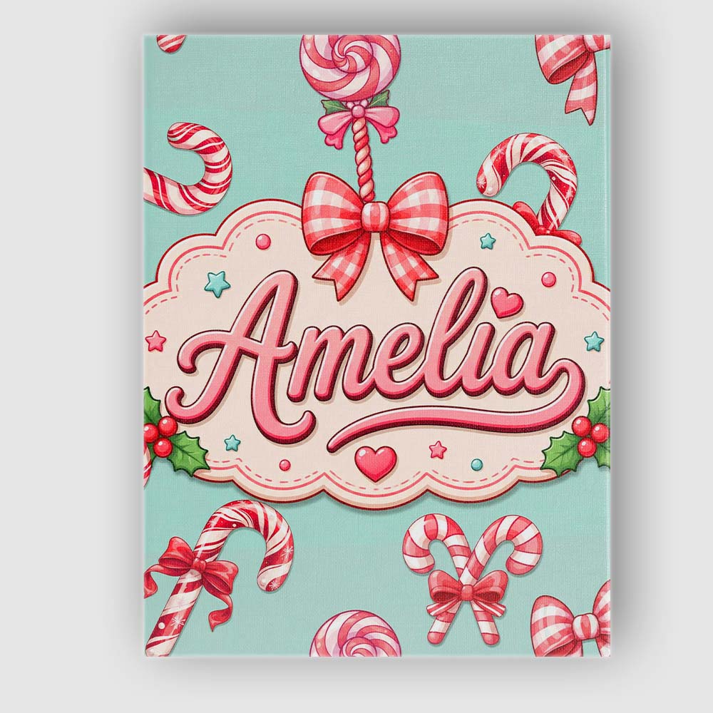 Personalised Name Cute Candy Cane Bows Mint Custom  Bespoke Interior Contemporary Canvas Wall Art Print Decor Picture Ready to Hang