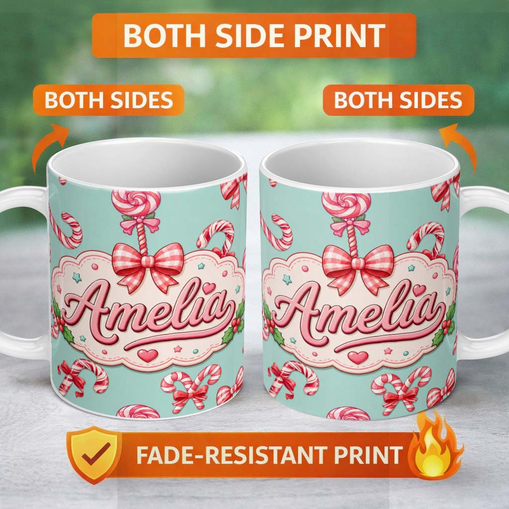 Personalized Custom Name Cute Candy Cane Bows Mint Green Background Seamless Pattern Name 11oz Ceramic Coffee Tea Mug White Large Handle