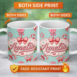 Personalized Custom Name Cute Candy Cane Bows Mint Green Background Seamless Pattern Name 11oz Ceramic Coffee Tea Mug White Large Handle
