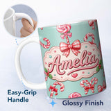Personalized Custom Name Cute Candy Cane Bows Mint Green Background Seamless Pattern Name 11oz Ceramic Coffee Tea Mug White Large Handle