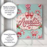 Personalised Name Cute Candy Cane Bows Mint Custom  Bespoke Interior Contemporary Canvas Wall Art Print Decor Picture Ready to Hang