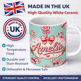 Personalized Custom Name Cute Candy Cane Bows Mint Green Background Seamless Pattern Name 11oz Ceramic Coffee Tea Mug White Large Handle