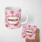 Personalized Custom Name Cute Candy Cane Bows Blush Pink Background Seamless Pattern Name 11oz Ceramic Coffee Tea Mug White Large Handle