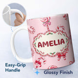 Personalized Custom Name Cute Candy Cane Bows Blush Pink Background Seamless Pattern Name 11oz Ceramic Coffee Tea Mug White Large Handle
