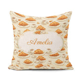 Custom Name Croissant and Coffee French Seamless Pattern Neutral Square Filled Cushion Throw Pillow Sofa Bed Home Decor Zip Washable UK Made