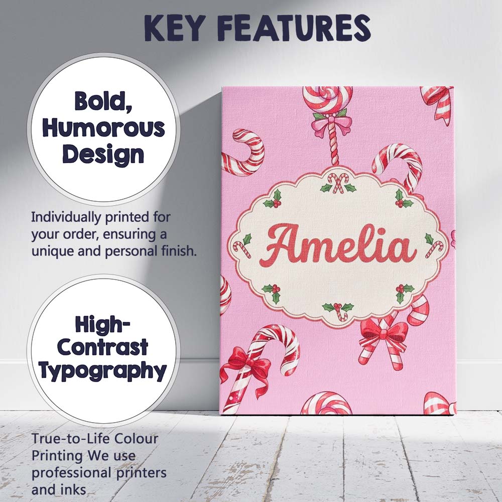 Personalised Name Cute Candy Cane Bows Soft Custom  Bespoke Interior Contemporary Canvas Wall Art Print Decor Picture Ready to Hang