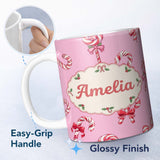 Personalized Custom Name Cute Candy Cane Bows Soft Rose Background Seamless Pattern Name 11oz Ceramic Coffee Tea Mug White Large Handle