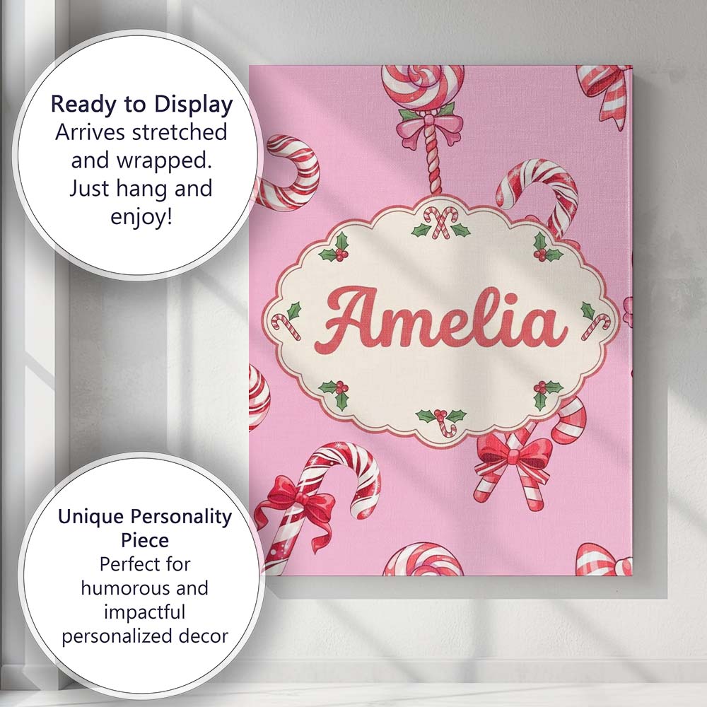 Personalised Name Cute Candy Cane Bows Soft Custom  Bespoke Interior Contemporary Canvas Wall Art Print Decor Picture Ready to Hang