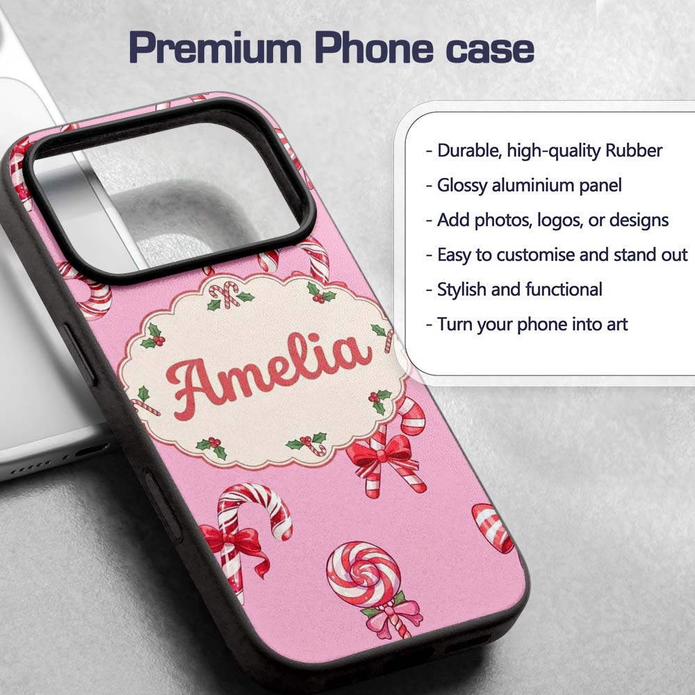 Cute Candy Cane Bows Soft Rose Printed Design Custom Name Protective Phone Case Mobile Cover Durable Everyday Smartphone Shock Resistant