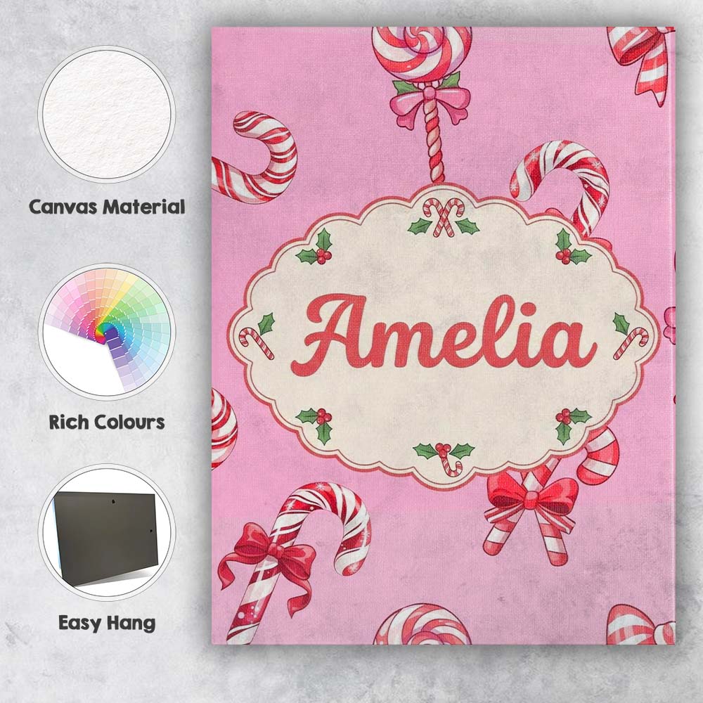 Personalised Name Cute Candy Cane Bows Soft Custom  Bespoke Interior Contemporary Canvas Wall Art Print Decor Picture Ready to Hang