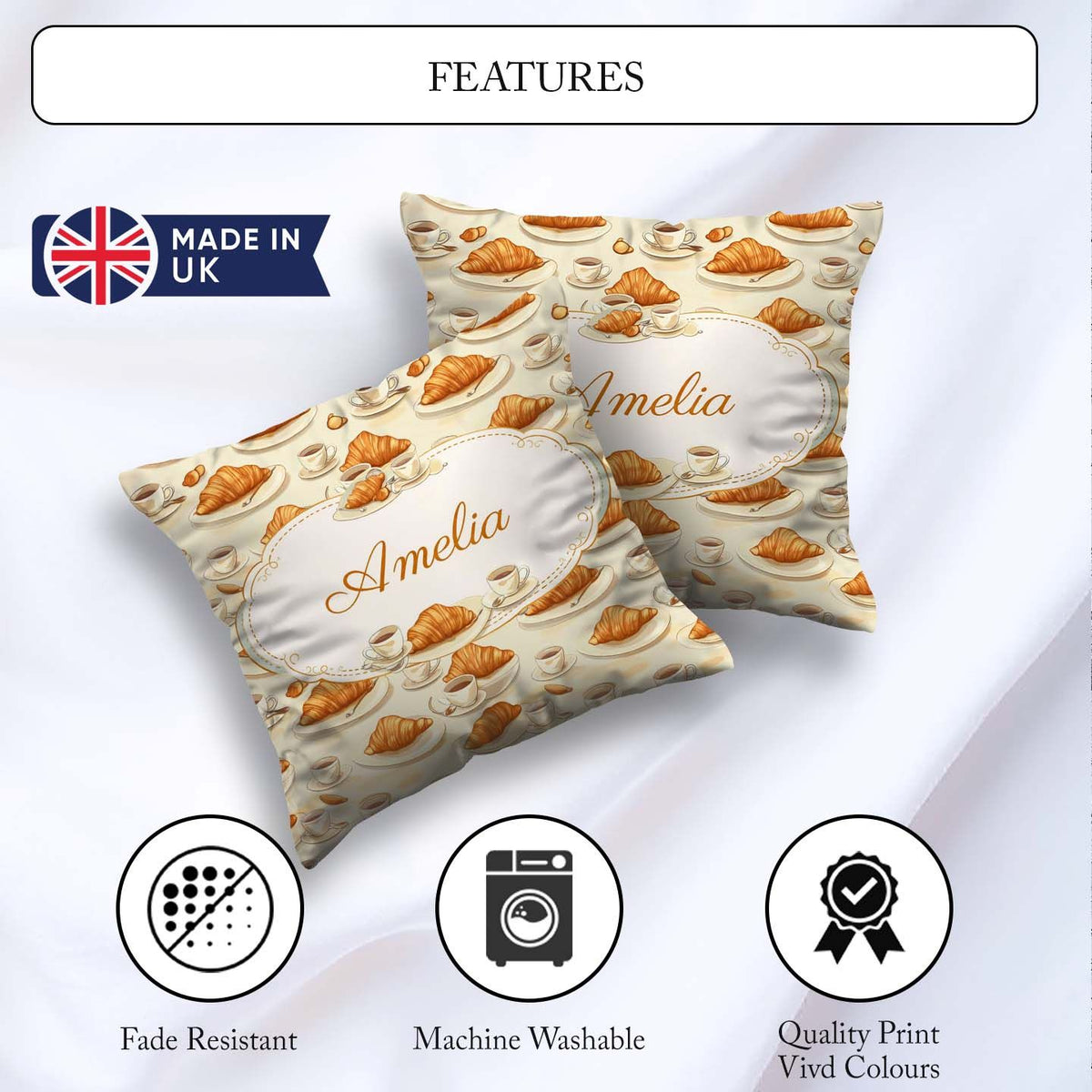 Custom Name Croissant and Coffee French Seamless Pattern Neutral Square Filled Cushion Throw Pillow Sofa Bed Home Decor Zip Washable UK Made