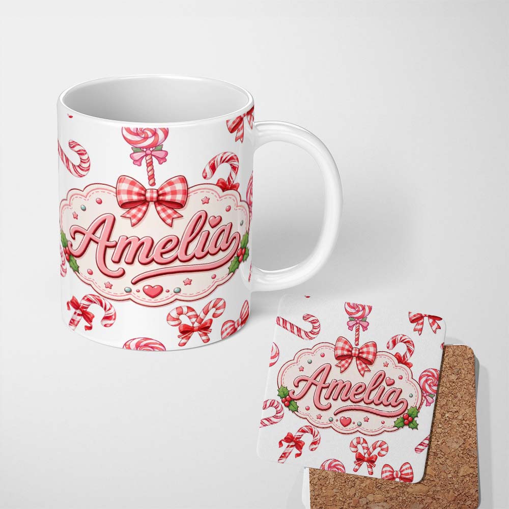 Personalized Custom Name Cute Candy Cane Bows Light Grey Background Seamless Pattern Name 11oz Ceramic Coffee Tea Mug White Large Handle