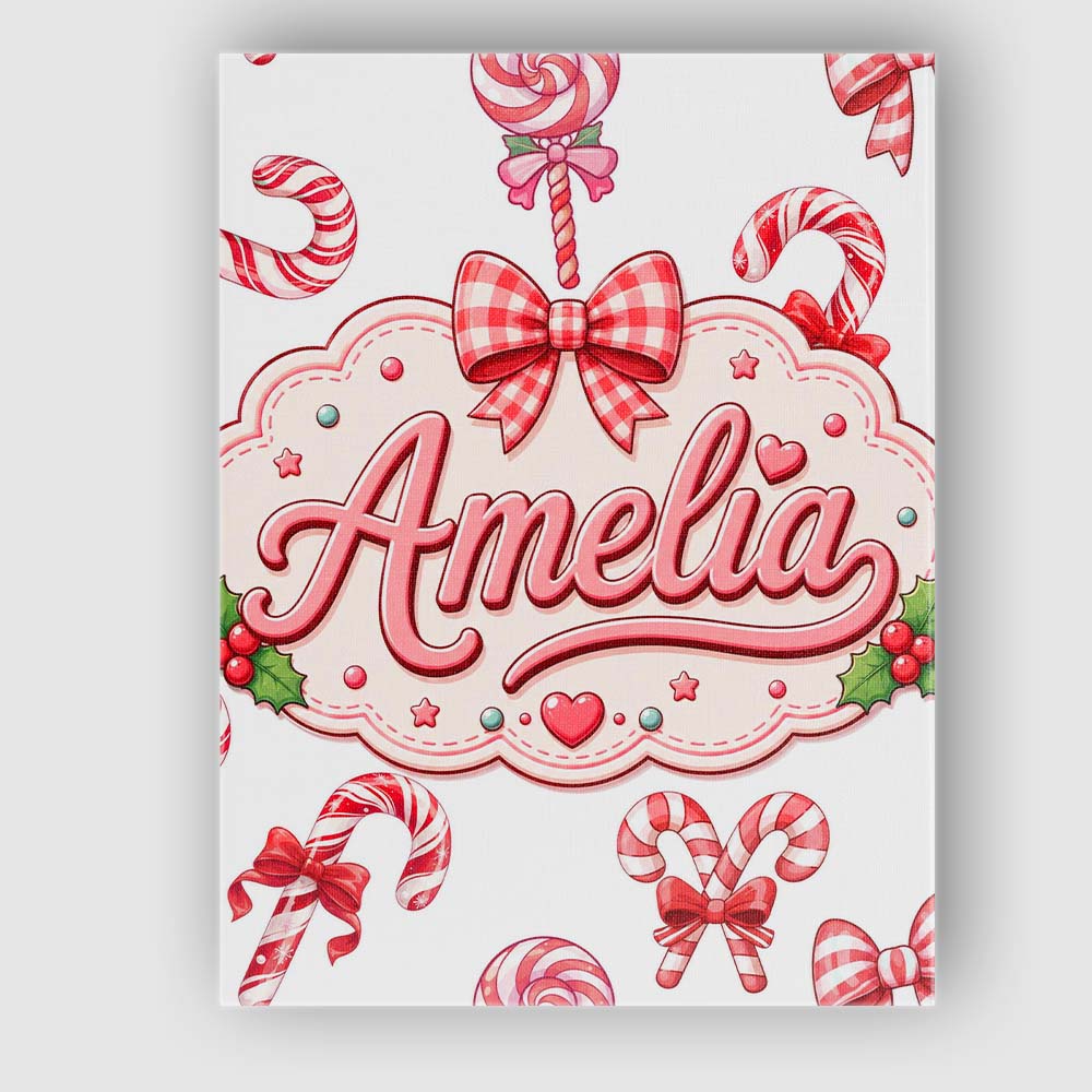 Personalised Name Cute Candy Cane Bows Custom  Modern Room Accent Elegant Feature Canvas Wall Art Print Decor Picture Ready to Hang