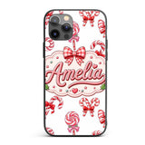 Cute Candy Cane Bows Light Grey Printed Design Custom Name Protective Phone Case Mobile Cover Durable Everyday Smartphone Shock Resistant