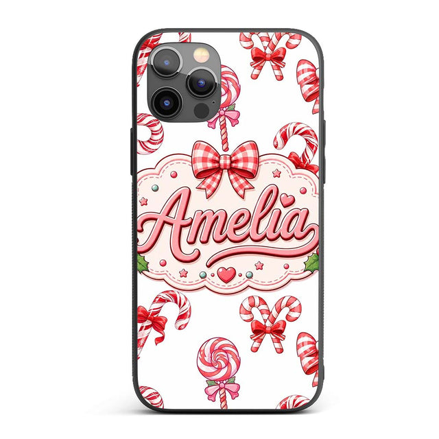 Cute Candy Cane Bows Light Grey Printed Design Custom Name Protective Phone Case Mobile Cover Durable Everyday Smartphone Shock Resistant