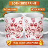 Personalized Custom Name Cute Candy Cane Bows Light Grey Background Seamless Pattern Name 11oz Ceramic Coffee Tea Mug White Large Handle