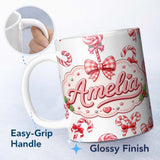 Personalized Custom Name Cute Candy Cane Bows Light Grey Background Seamless Pattern Name 11oz Ceramic Coffee Tea Mug White Large Handle