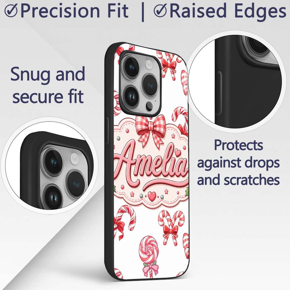 Cute Candy Cane Bows Light Grey Printed Design Custom Name Protective Phone Case Mobile Cover Durable Everyday Smartphone Shock Resistant