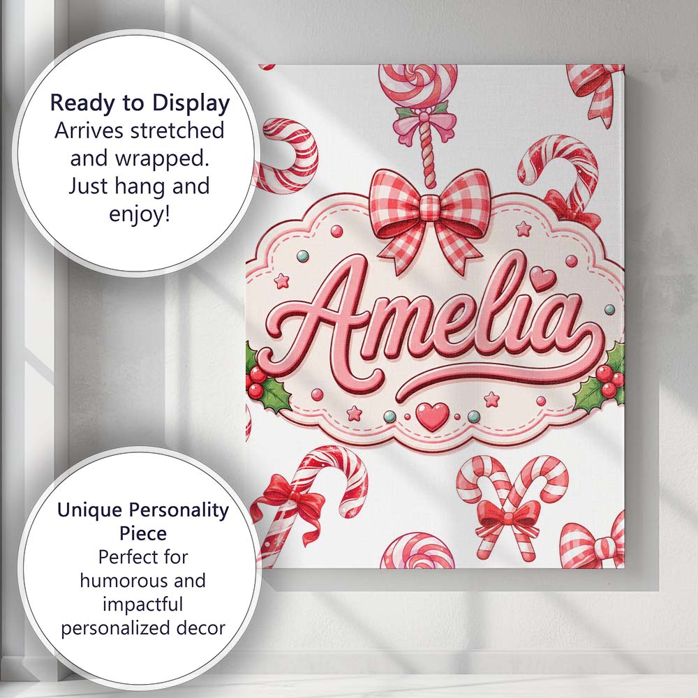 Personalised Name Cute Candy Cane Bows Custom  Modern Room Accent Elegant Feature Canvas Wall Art Print Decor Picture Ready to Hang